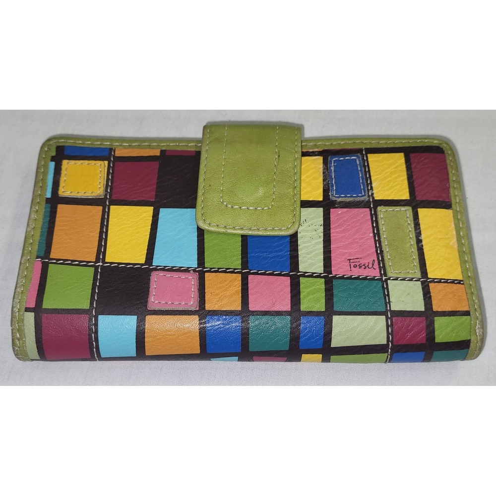 Fossil Patchwork Color Block Leather Wallet Multicolor Artsy Retro Bifold Vtg